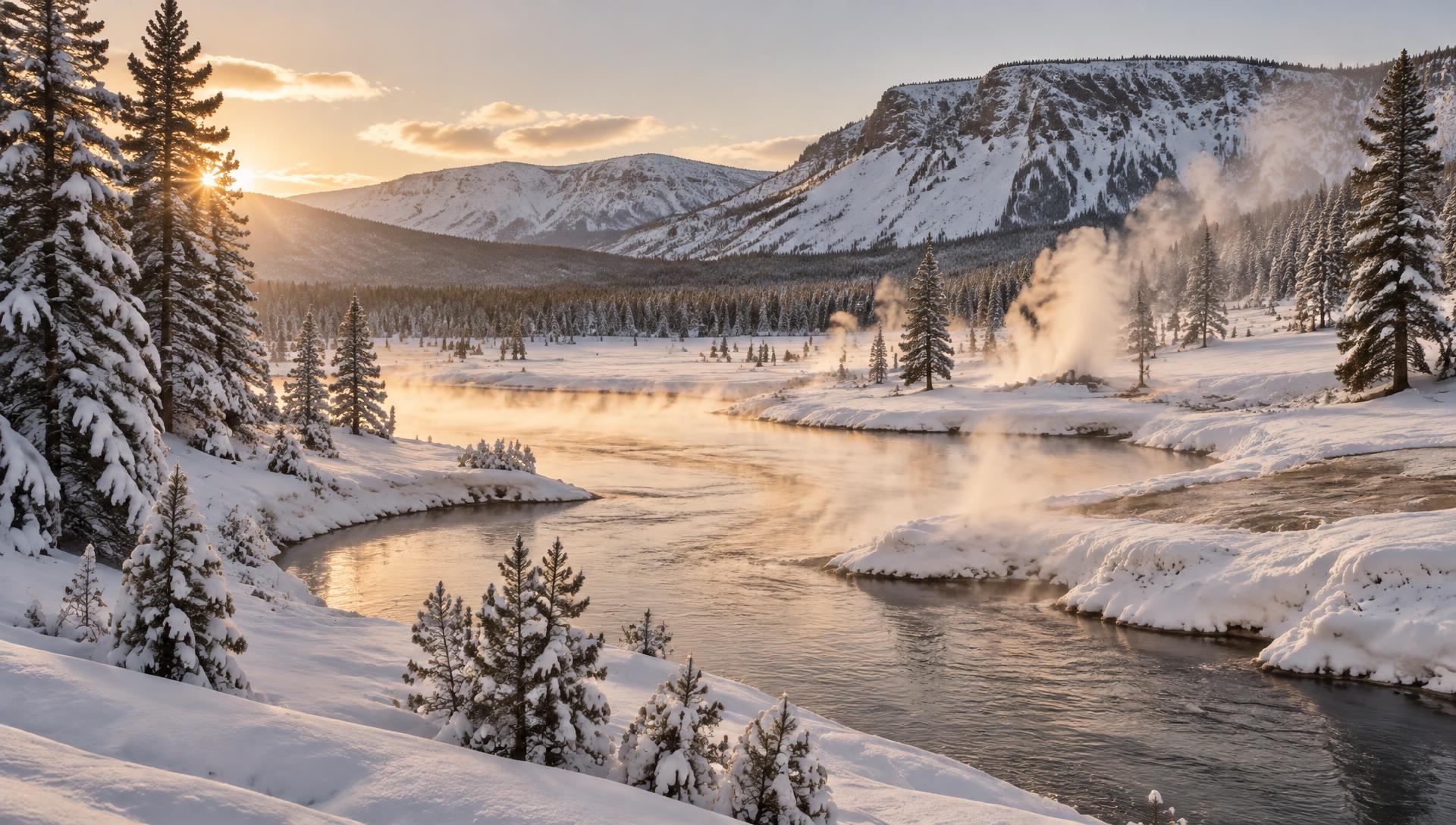 Steam rising from a snow-lined Yellowstone river at sunrise with snow-covered pines and mountains