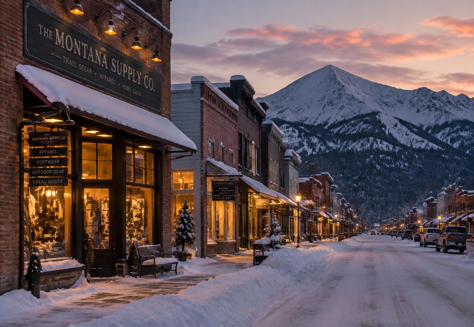Snowy Montana main street at dusk with warmly lit shop windows and mountains behind