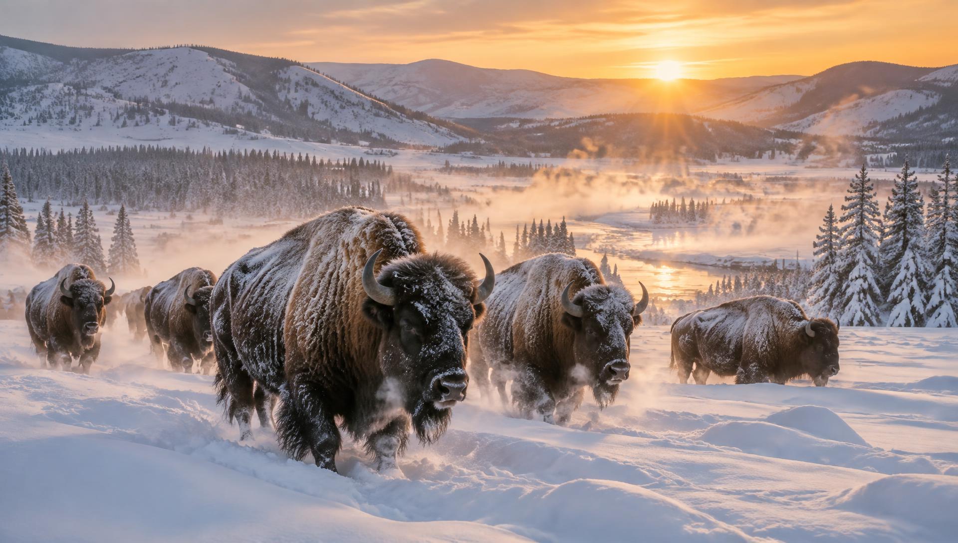 Bison moving through deep snow in a wide Yellowstone valley at sunrise with mist rising